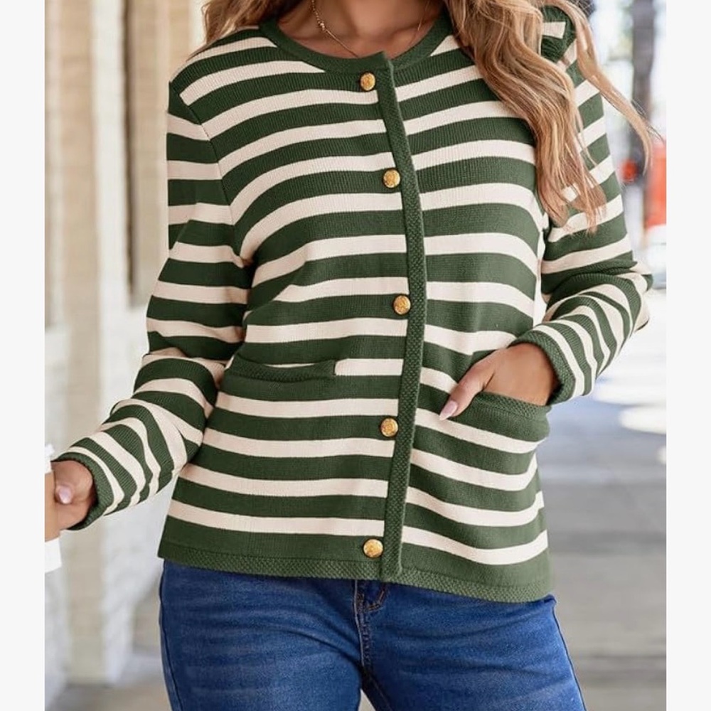 Striped Knit Cardigan - Dark Green & White.~stock picture for reference